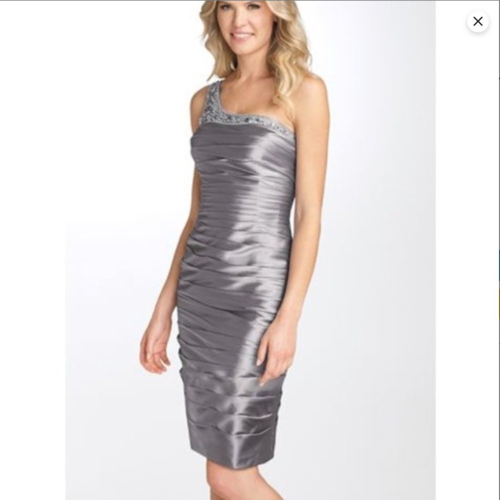Adrianna Papell silver satin one shoulder sheath dress NWT